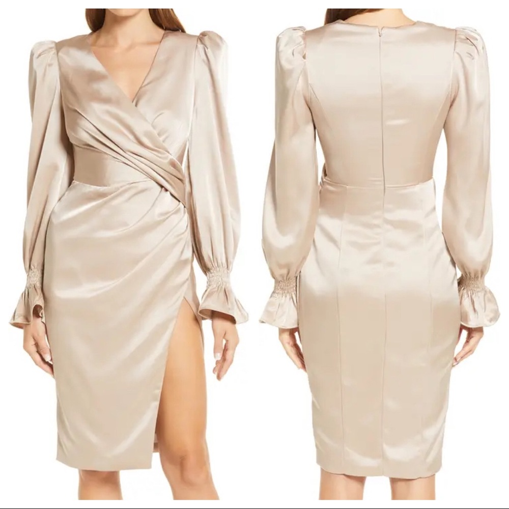 Lavish Alice Balloon Long Sleeve Satin Faux Wrap Dress size 2